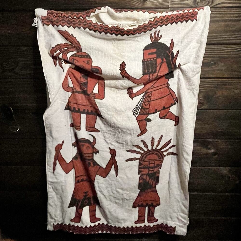 Handmade terrycloth Poncho White Red Brown Indigenous Motifs